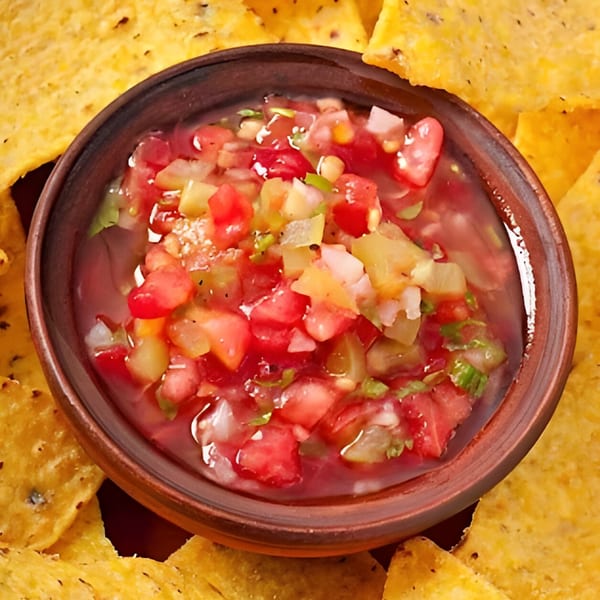 Close-up of a bowl of fresh salsa surrounded by crispy tortilla chips from Si Senor Mexican Restaurant.