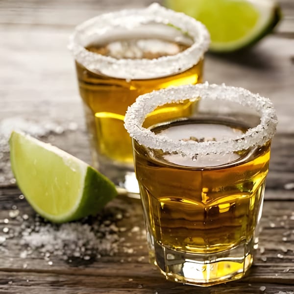 Two tequila shots with salt rims and lime wedges on a rustic wooden table.